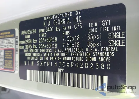 2024 Kia Sorento S из США, поврежденный, VIN 5XYRL4JCXRG282380